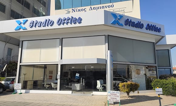 Larnaca Showroom: Virtual showroom exterior view, showcasing the modern design and inviting entrance.
