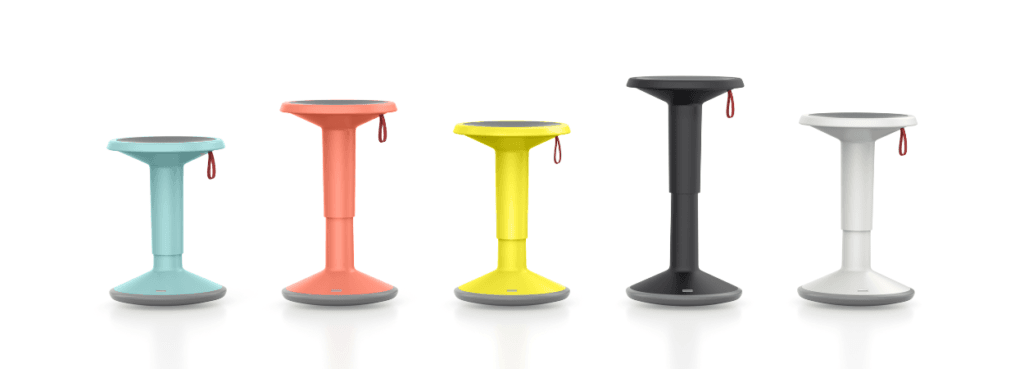 Five colorful UPis1 stools: flexible, height-adjustable seating for active, collaborative spaces.