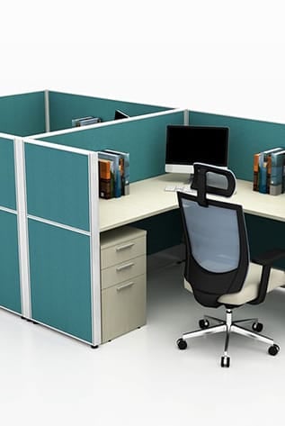 Office cubicle with low partitioning screens, desk, chair, computer, and filing cabinet.