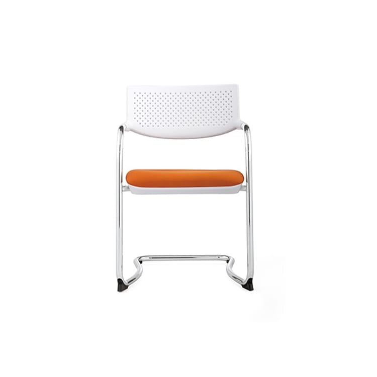 The CH-172C chair is a contemporary design, highlighted by its white perforated plastic backrest, vibrant padded orange seat, and sleek curved metal frame, displayed against a simple white backdrop. Studio Office Cyprus