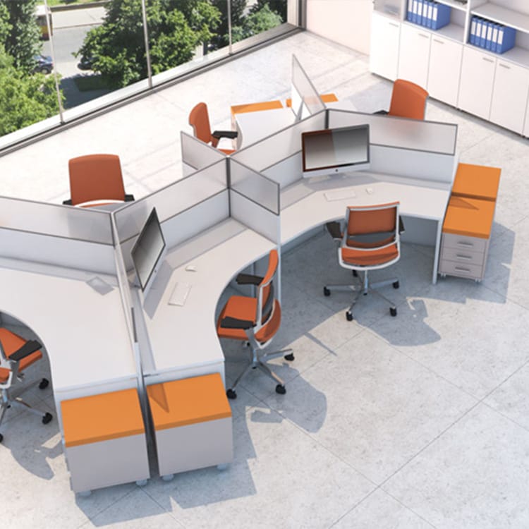The Cosmos Operative showcases four gracefully curved desks arranged in a cross formation, each paired with an orange chair, monitor, drawer unit, and privacy screen—perfect for collaborative teams. Sunlit by expansive windows offering beautiful views of surrounding trees, this setup blends functionality with a touch of natural elegance. Studio Office Cyprus