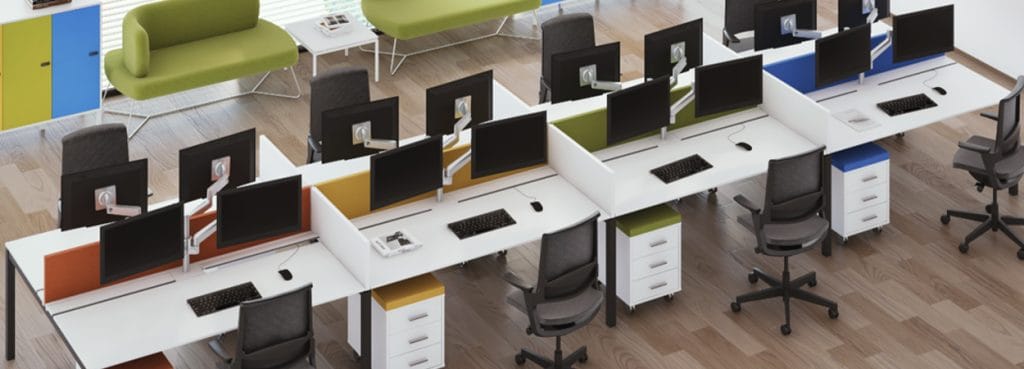 Open office featuring I-Work Operative desks with colorful dividers and ergonomic chairs.