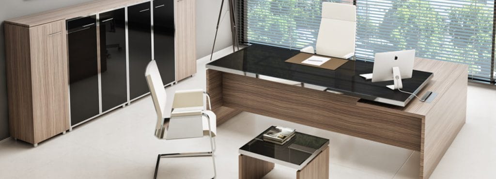 Manager EVO Executive desk with storage. Modern office furniture with wood grain and black accents.