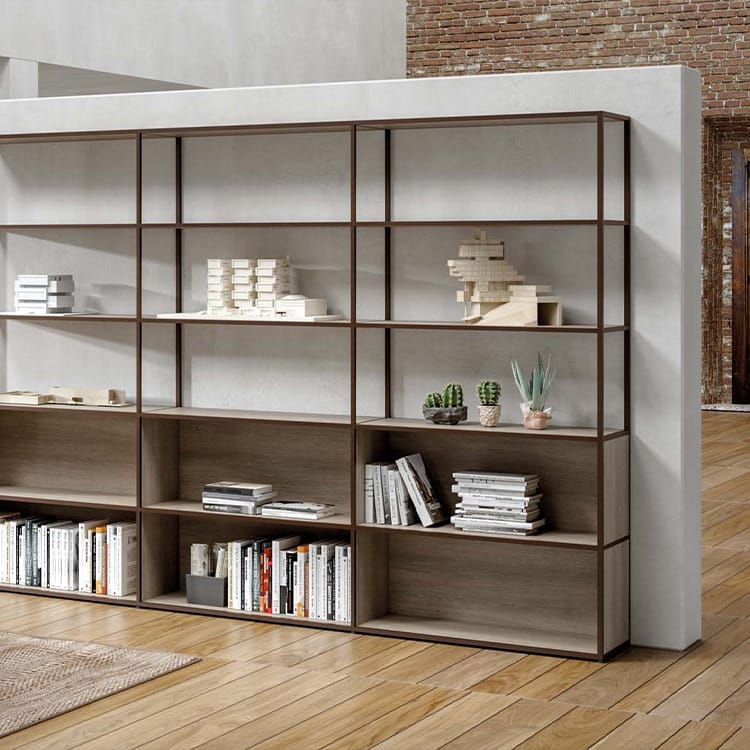 The Q18 Modular Shelving System elegantly displays architectural models, greenery, magazines, and books on its open shelves. Its minimalist design complements contemporary interiors with wooden flooring and brick or concrete walls. Studio Office Cyprus
