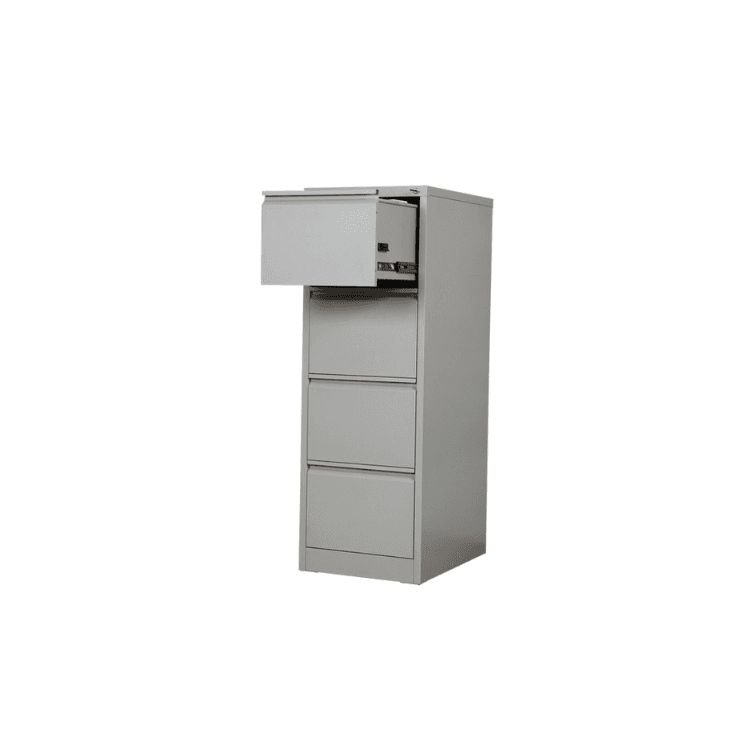 Gray Roneo Metal Furniture with four drawers, one open. Vintage style.