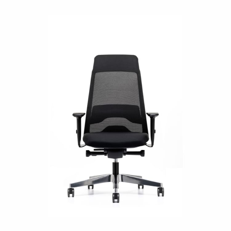 Front view of a black EVERYis1 task chair with mesh back and silver base.