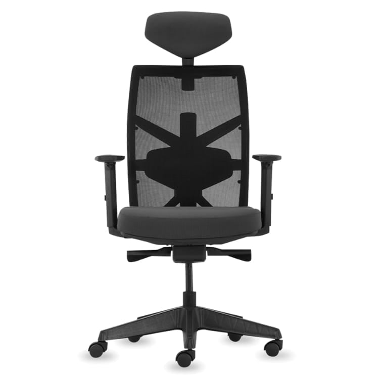 Front view of a black Tune office chair with mesh back and headrest.