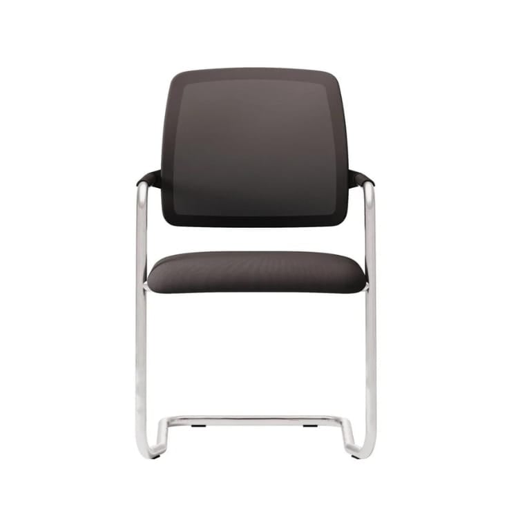 Modern Essai visitor chair with black mesh back and seat, cantilever chrome frame.