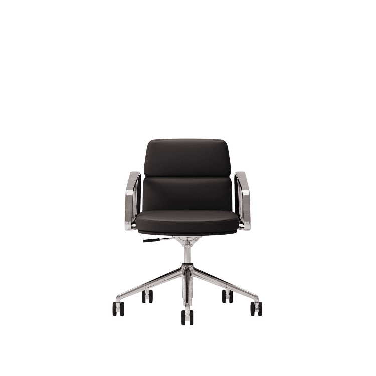 Modern Lead Visitor Chair in black leather with die-cast aluminum armrests and a wheeled base.