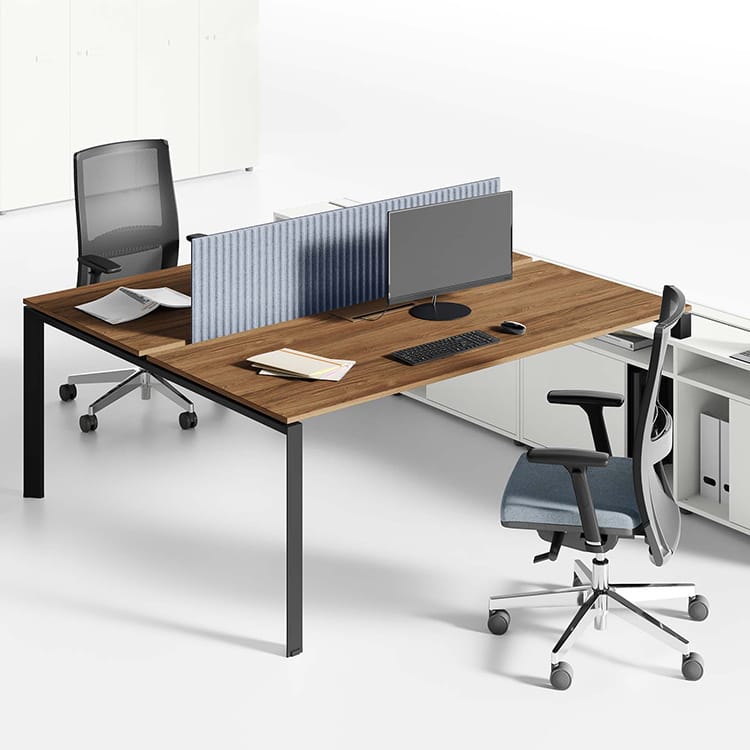 Modern 5th Element office desk with wood top, black frame, and blue divider.