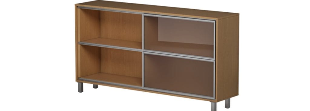 Wax-finish melamine Apollo Storage Units with sliding doors, customizable locks, and metal legs.