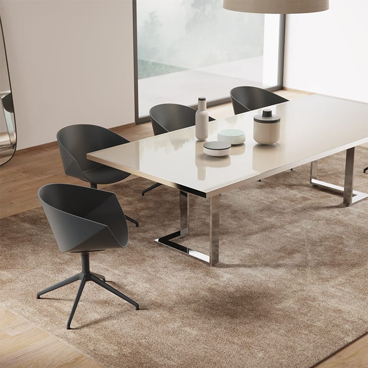 Modern Archimede Conference Table with gray chairs, shiny surface, and metal legs on a brown carpet.