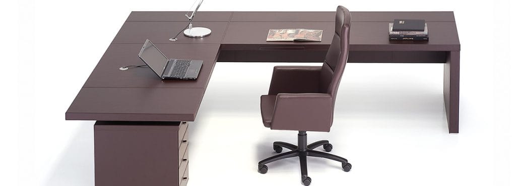Modern Athena desk and chair set. L-shaped, brown leather, executive style.