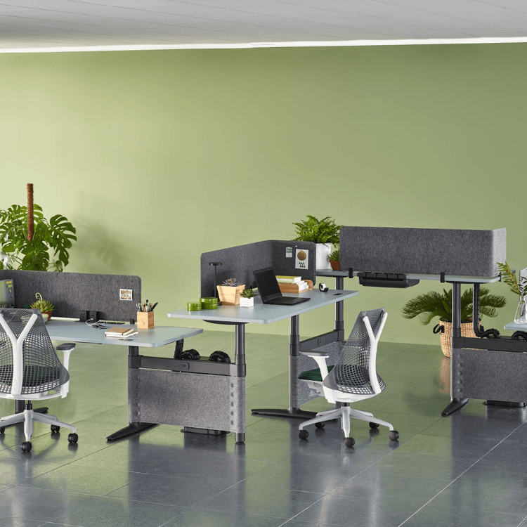 Herman Miller Atlas Office Landscape: Modern, adjustable desks with gray screens and ergonomic chairs.