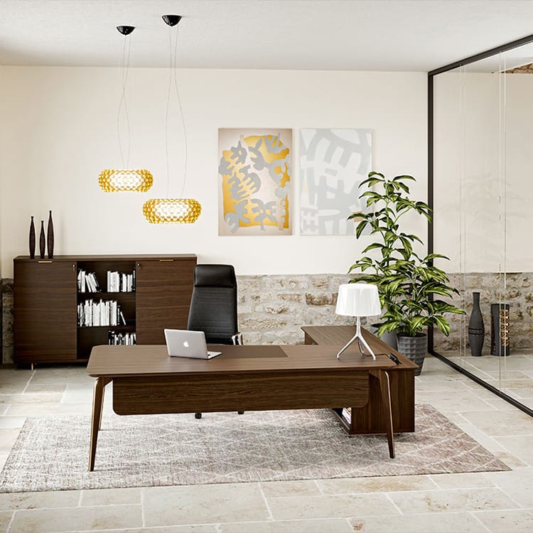 Modern office featuring Blade X executive desk in wood, with storage and decor.