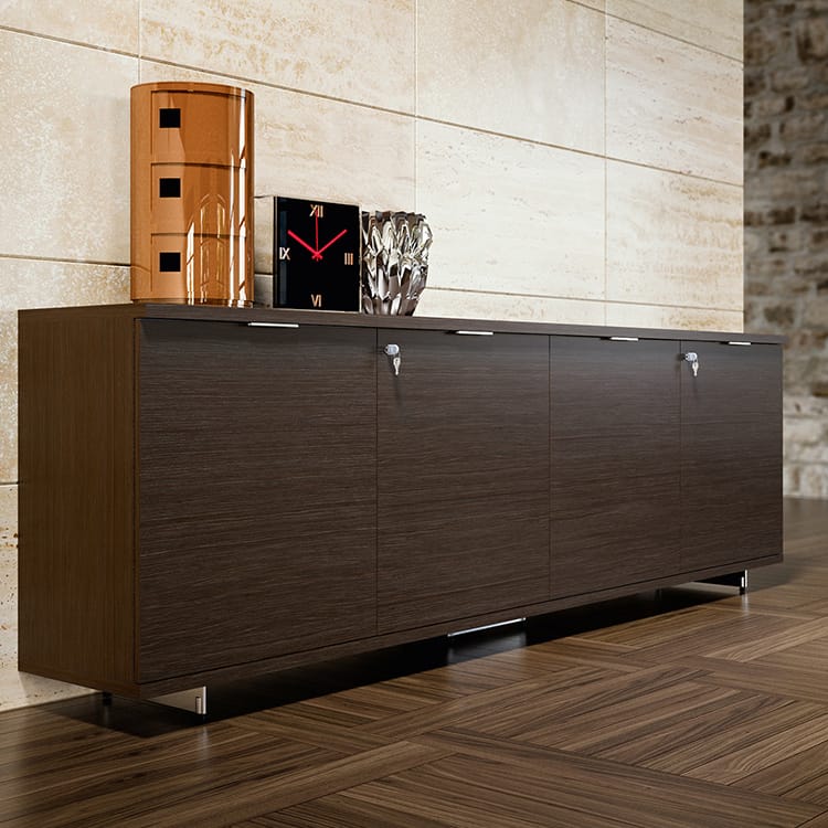Sleek Blade X Office Cabinet in dark wood with metal accents, integrated handles, and secure locks. Modern storage solution.