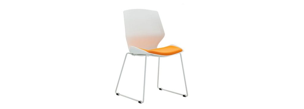 CH-245 chair: White frame, orange seat. Stackable, ergonomic, and modern.