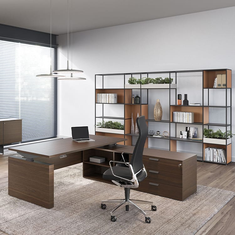 Modern office with wood CRONO X height-adjustable desk, ergonomic chair, and shelving unit.