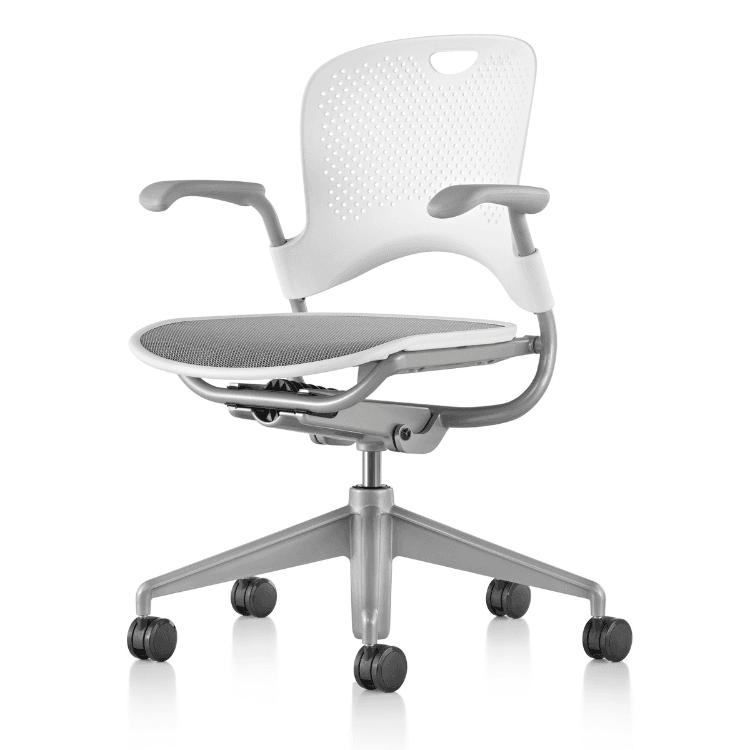 Herman Miller Caper chair in white and gray, featuring a perforated back and adjustable arms.