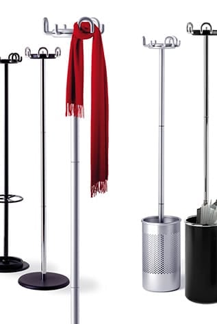 Modern coat rack stand. Sleek metal Coat Hangers with umbrella holder. Stylish home or office organization.