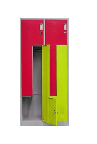 Red and green metal Lockers for secure storage in schools and workplaces.
