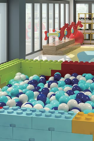Colorful Playgrounds ball pit with blue, white, and turquoise balls.