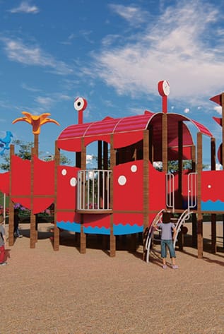 Colorful Playgrounds: Red and brown play structure with blue accents. Safe, urban play area for kids.