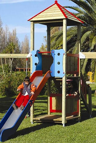 Colorful wooden Playgrounds with slide. Safe, fun outdoor play equipment.