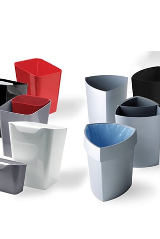 Stylish Rexite Waste Bins in red, black, white, and gray. Functional desk accessories for a tidy workspace.