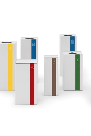 Rexite Waste Bins: Stylish, white bins with colored stripes for easy recycling.