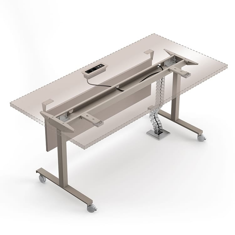 Angled view of a Club Multifunctional Folding Table showing the frame, legs with wheels, and cable management system.