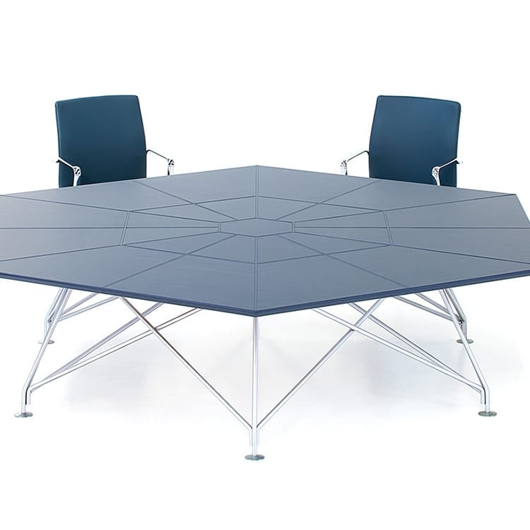 Modern Consilium Conference Table with blue tabletop and geometric chrome base.
