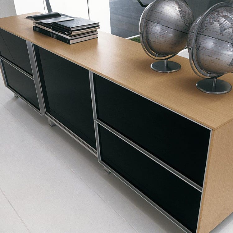 Dedalo Sliding Doors Storage System with black sliding doors and light wood top.