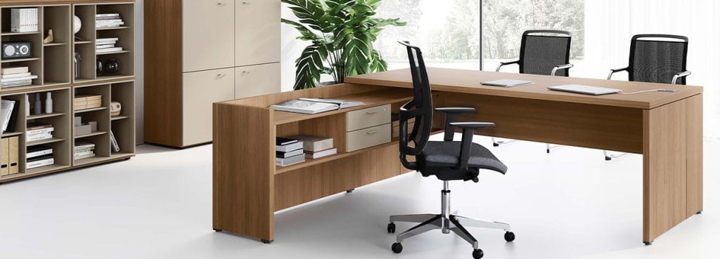 Modern Delta wooden desk with storage and office chair. Managerial office furniture.