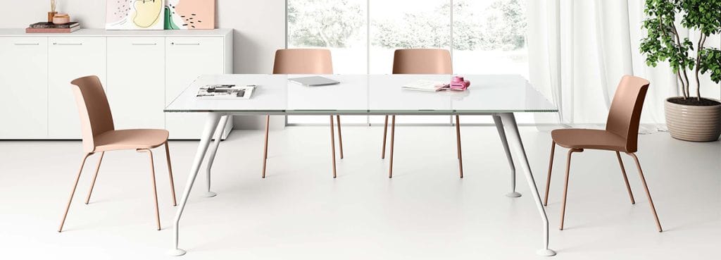 Minimalist ENOSI meeting table with white top and metal legs, surrounded by modern chairs.