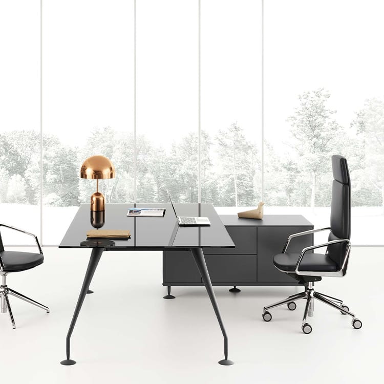 Modern ENOSI executive desk with black glass top, gray storage, and sleek black leather chair.