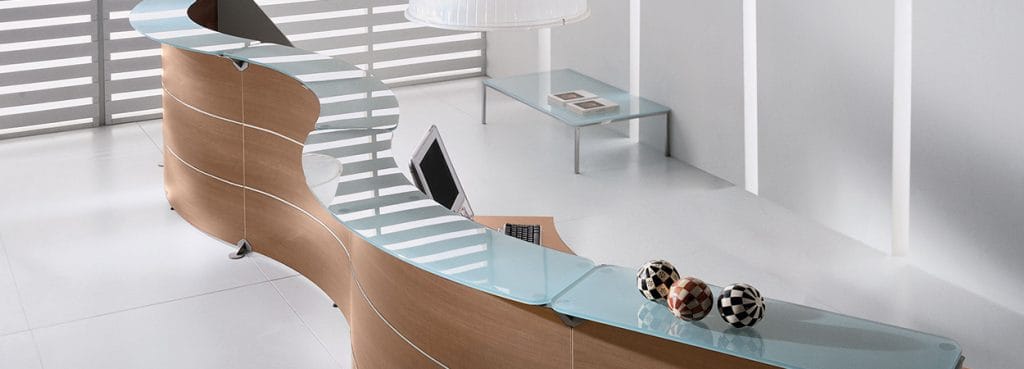 Stylish Edison Reception desk in wood and glass. Modern office furniture.
