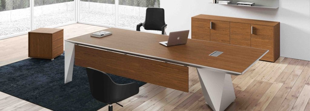 Eracle executive desk. Wood veneer top with white geometric legs. Modern office furniture.