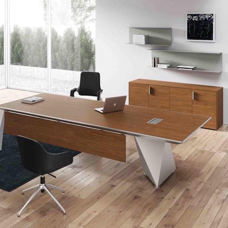 Modern office featuring the wood-grain Eracle executive desk with a unique geometric base.