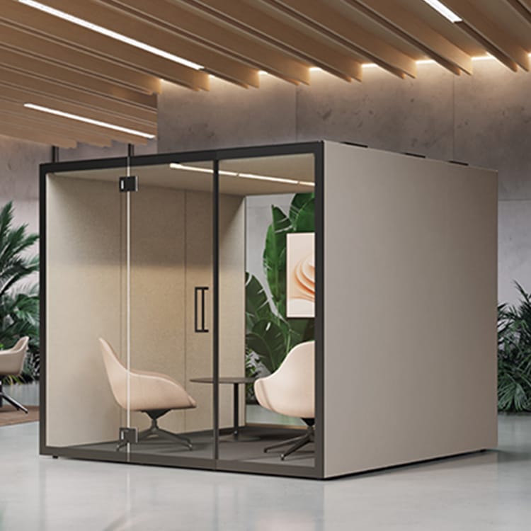Modern F40 office pod with glass door, beige chairs, and table. Acoustic privacy booth for open spaces.