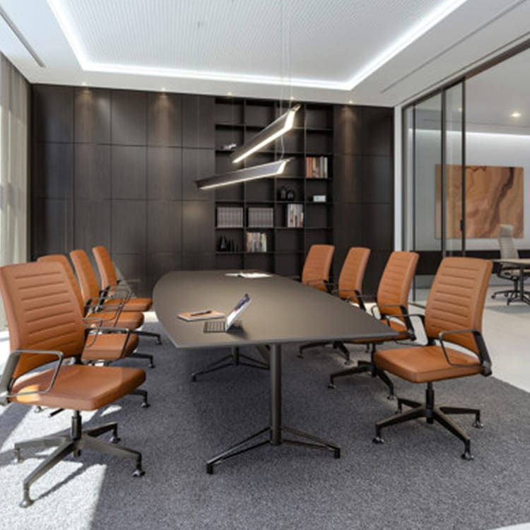 Fascino-2 F125 conference table with brown leather chairs, black frame, and sleek design.