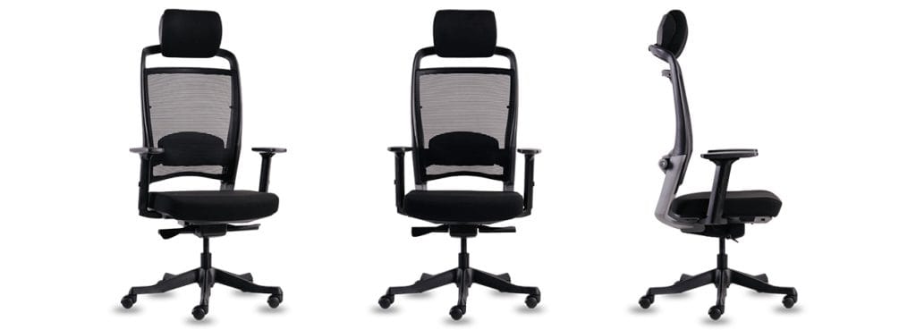 Fulkrum office chair in black. Ergonomic design with mesh back and adjustable headrest.