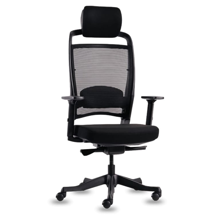 Ergonomic black Fulkrum office chair with mesh back and adjustable headrest.