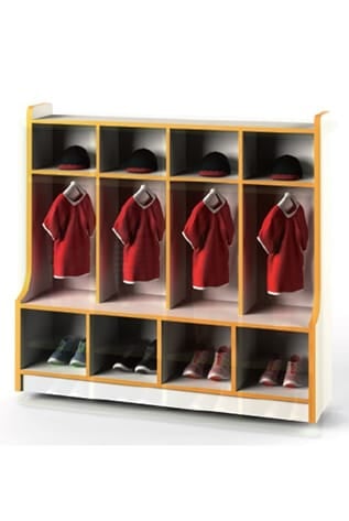 Wooden school accessories locker with shelves for hats, shirts, and shoes.