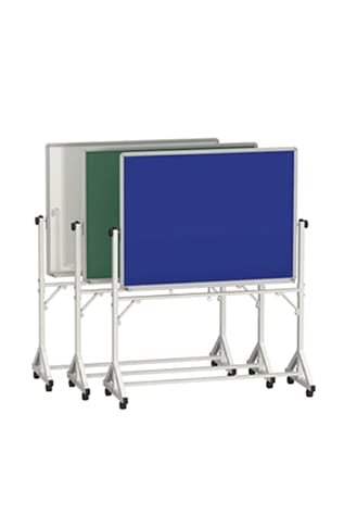 Mobile whiteboard accessories with white, green, and blue boards on silver frames.