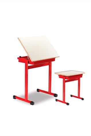 Red and white student desk and stool. Education accessories.