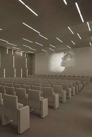 Beige Amphitheater seating with a screen and modern lighting.
