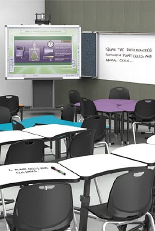 Modern classroom furniture for Higher Education. White desks with black chairs. Interactive whiteboard.