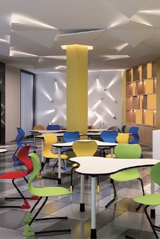 Modern Library Furniture with colorful chairs and tables.