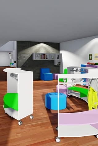 Modern Nursery & Children furniture in white, blue, green, and pink. Rolling carts and colorful seating.